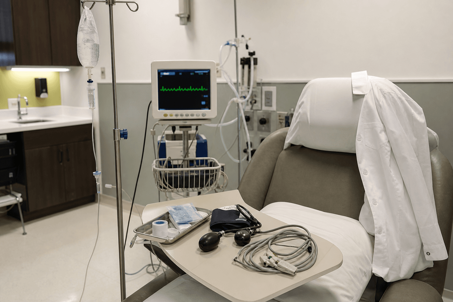 Quiet clinical suite with forest-green walls, cream linens, and soft natural light